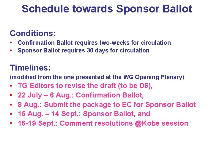 Schedule towards Sponsor Ballot Conditions: • Confirmation Ballot requires two-weeks for circulation • Sponsor