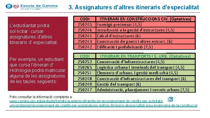 3. Assignatures d’altres itineraris d’especialitat L’estudiantat podrà sol·licitar cursar assignatures d’altres itineraris d’ especialitat.