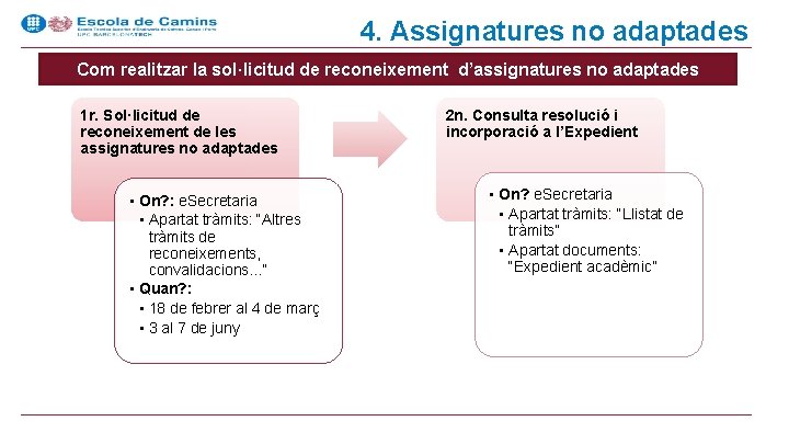 4. Assignatures no adaptades Com realitzar la sol·licitud de reconeixement d’assignatures no adaptades 1