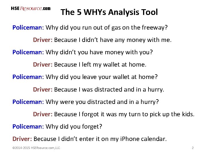 The 5 WHYs Analysis Tool Policeman: Why did you run out of gas on