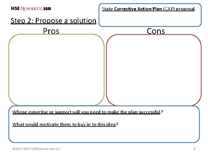 State Corrective Action Plan (CAP) proposal. Step 2: Propose a solution Pros Cons Whose