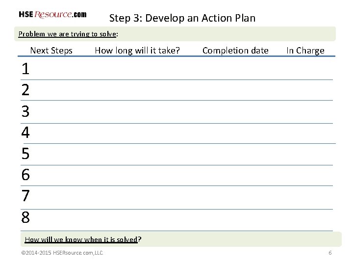 Step 3: Develop an Action Plan Problem we are trying to solve: Next Steps