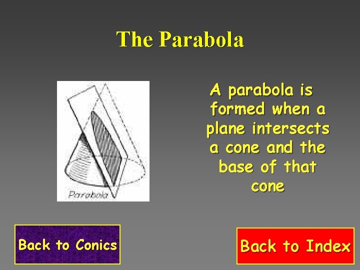 The Parabola A parabola is formed when a plane intersects a cone and the