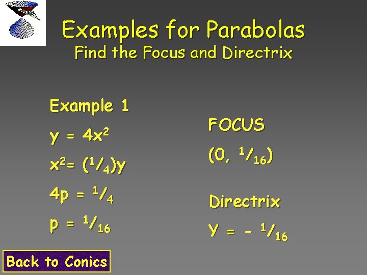 Examples for Parabolas Find the Focus and Directrix Example 1 y = 4 x