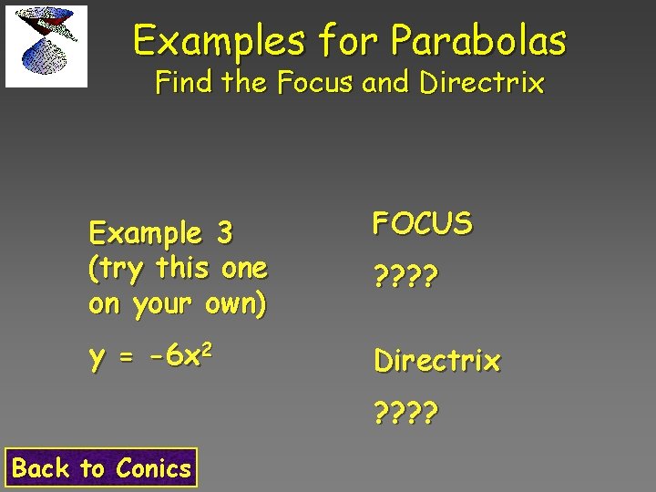 Examples for Parabolas Find the Focus and Directrix Example 3 (try this one on