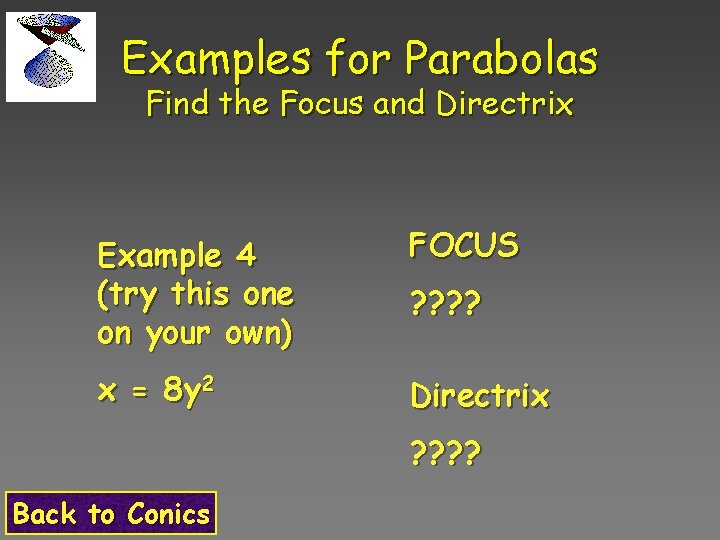 Examples for Parabolas Find the Focus and Directrix Example 4 (try this one on