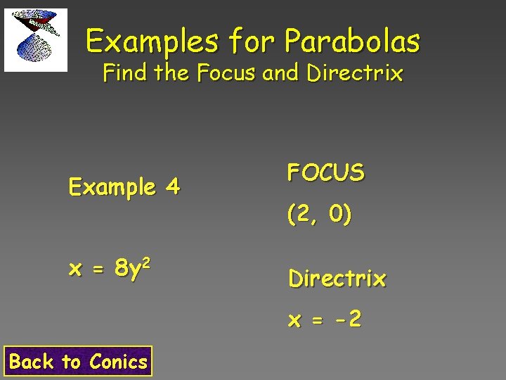 Examples for Parabolas Find the Focus and Directrix Example 4 x = 8 y