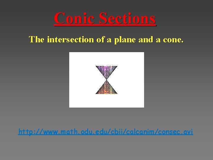 Conic Sections The intersection of a plane and a cone. http: //www. math. odu.