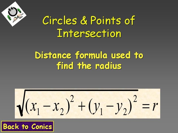 Circles & Points of Intersection Distance formula used to find the radius Back to