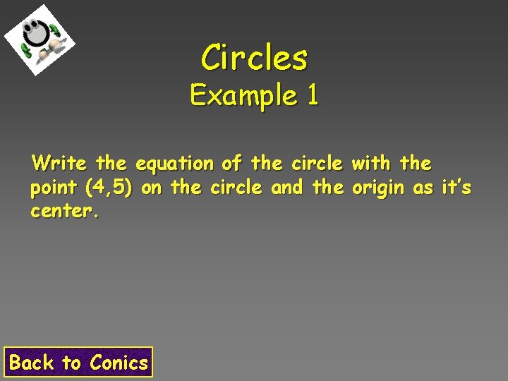 Circles Example 1 Write the equation of the circle with the point (4, 5)