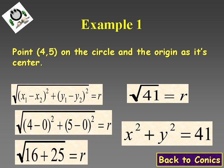 Example 1 Point (4, 5) on the circle and the origin as it’s center.