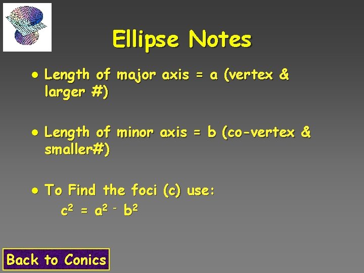 Ellipse Notes l l l Length of major axis = a (vertex & larger