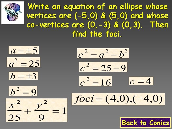Write an equation of an ellipse whose vertices are (-5, 0) & (5, 0)