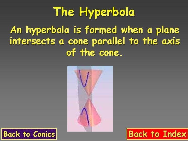 The Hyperbola An hyperbola is formed when a plane intersects a cone parallel to