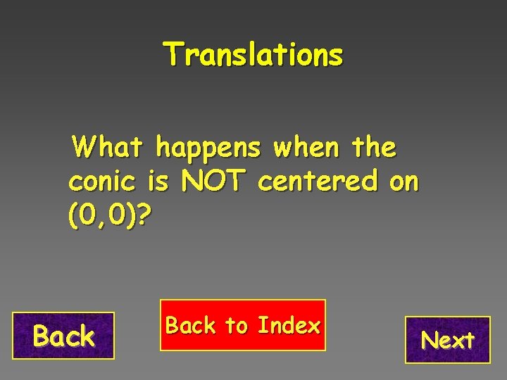 Translations What happens when the conic is NOT centered on (0, 0)? Back to
