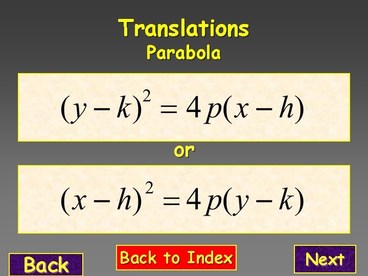 Translations Parabola Horizontal Axis or Vertical Axis Back to Index Next 