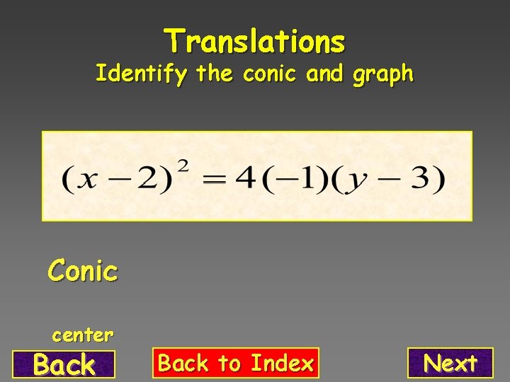Translations Identify the conic and graph Conic center Back to Index Next 