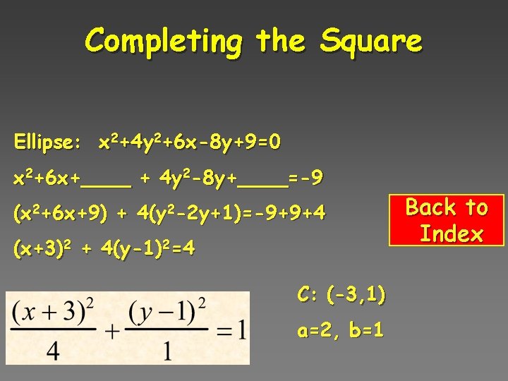 Completing the Square Ellipse: x 2+4 y 2+6 x-8 y+9=0 x 2+6 x+____ +