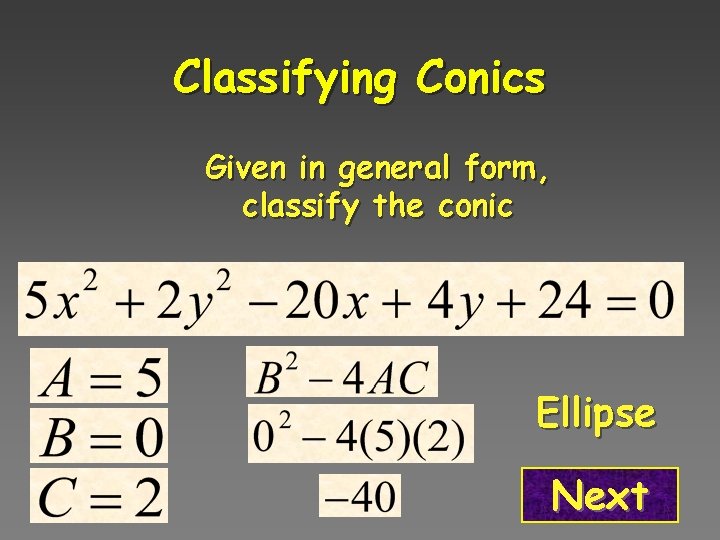 Classifying Conics Given in general form, classify the conic Ellipse Next 