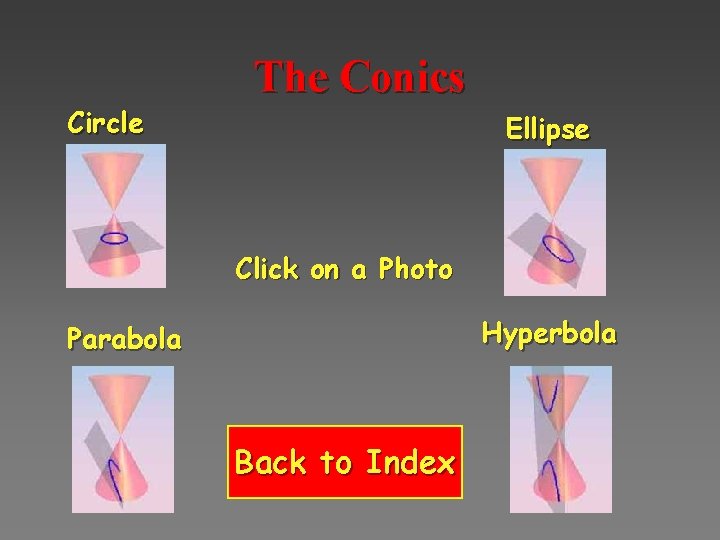 Circle The Conics Ellipse Click on a Photo Hyperbola Parabola Back to Index 