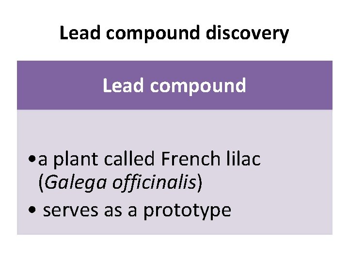 Lead compound discovery Lead compound • a plant called French lilac (Galega officinalis) •