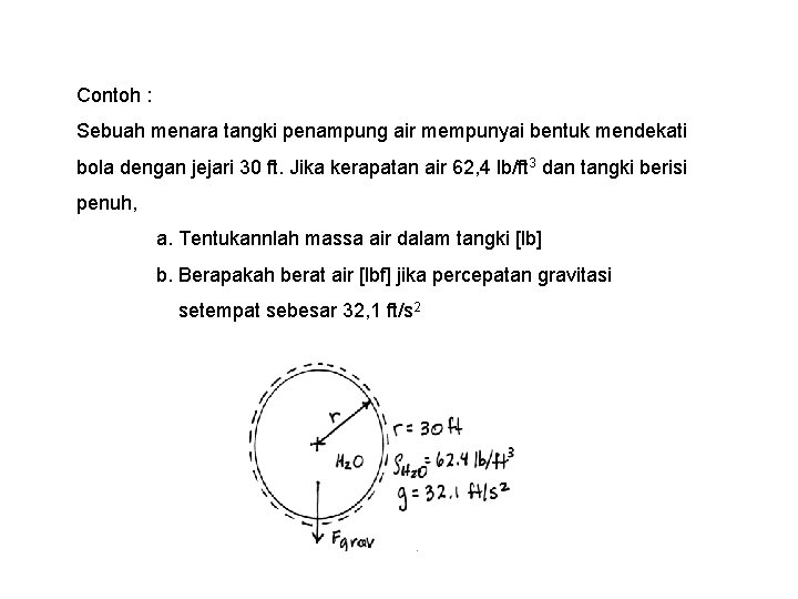 Contoh : Sebuah menara tangki penampung air mempunyai bentuk mendekati bola dengan jejari 30