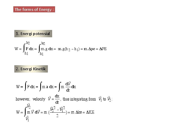 The forms of Energy : 1. Energi potensial 2. Energi Kinetik 