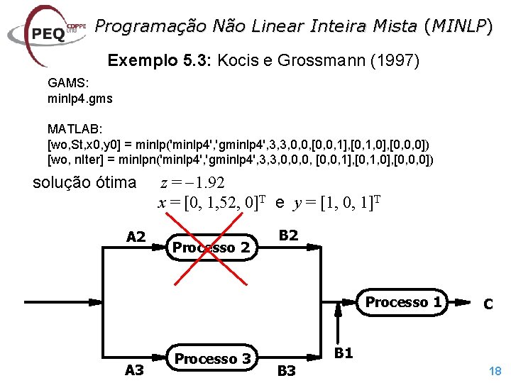 Programação Não Linear Inteira Mista (MINLP) Exemplo 5. 3: Kocis e Grossmann (1997) GAMS: