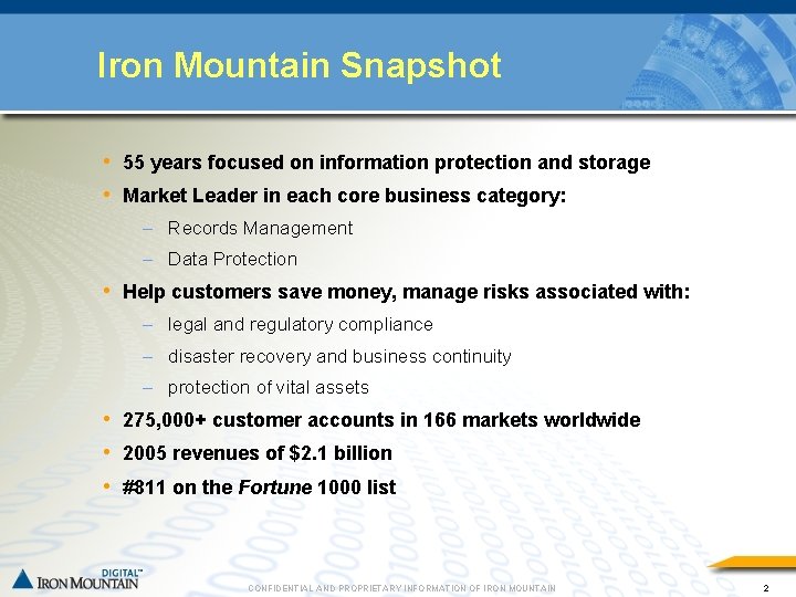 Iron Mountain Snapshot • 55 years focused on information protection and storage • Market