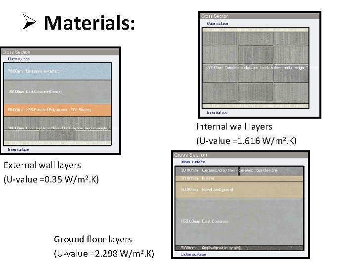 Ø Materials: Internal wall layers (U-value =1. 616 W/m 2. K) External wall layers
