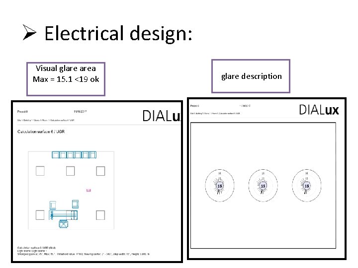 Ø Electrical design: Visual glare area Max = 15. 1 <19 ok glare description