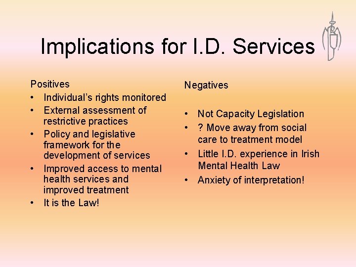 Implications for I. D. Services Positives • Individual’s rights monitored • External assessment of