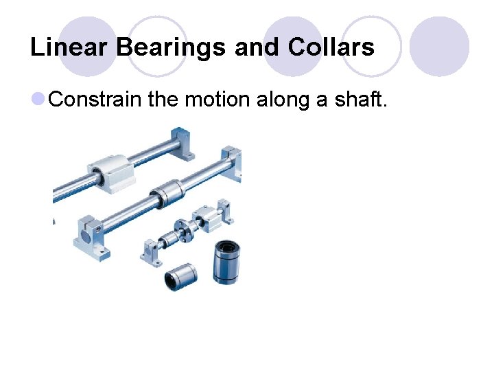 Linear Bearings and Collars l Constrain the motion along a shaft. 