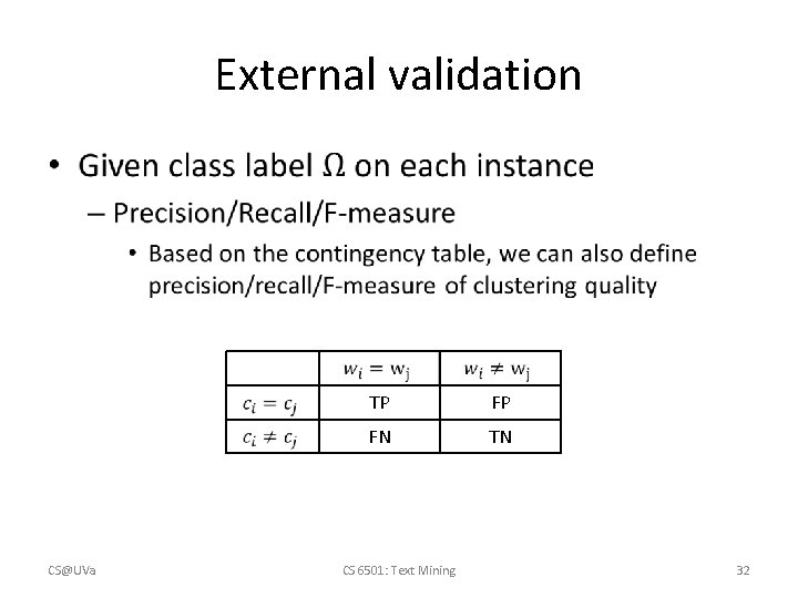 External validation • CS@UVa TP FP FN TN CS 6501: Text Mining 32 External validation • CS@UVa TP FP FN TN CS 6501: Text Mining 32