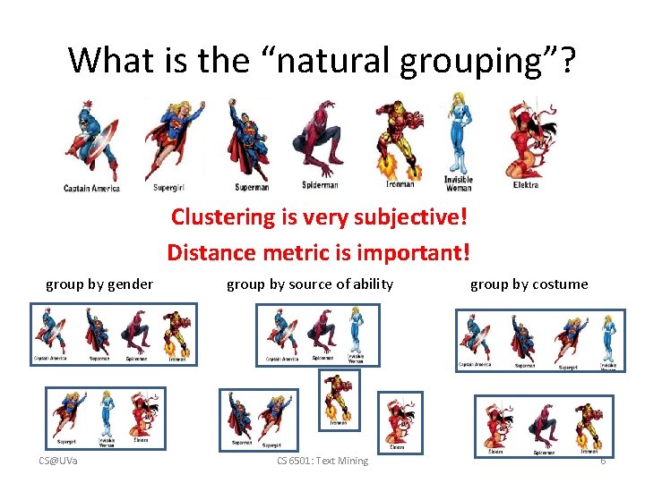What is the “natural grouping”? Clustering is very subjective! Distance metric is important! group What is the “natural grouping”? Clustering is very subjective! Distance metric is important! group