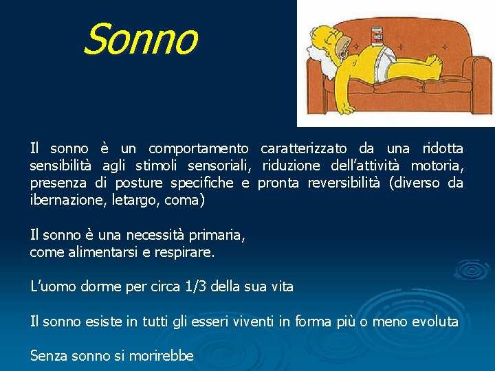 Sonno Il sonno è un comportamento caratterizzato da una ridotta sensibilità agli stimoli sensoriali,