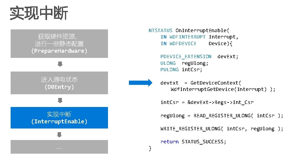 获取硬件资源、 进行一些静态配置 (Prepare. Hardware) NTSTATUS On. Interrupt. Enable( IN WDFINTERRUPT Interrupt, IN WDFDEVICE Device){