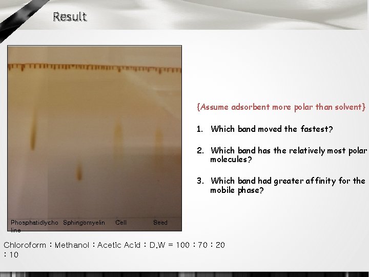 Result {Assume adsorbent more polar than solvent} 1. Which band moved the fastest? 2.
