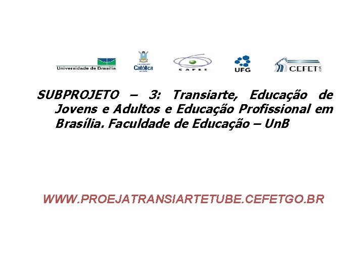 SUBPROJETO – 3: Transiarte, Educação de Jovens e Adultos e Educação Profissional em Brasília.