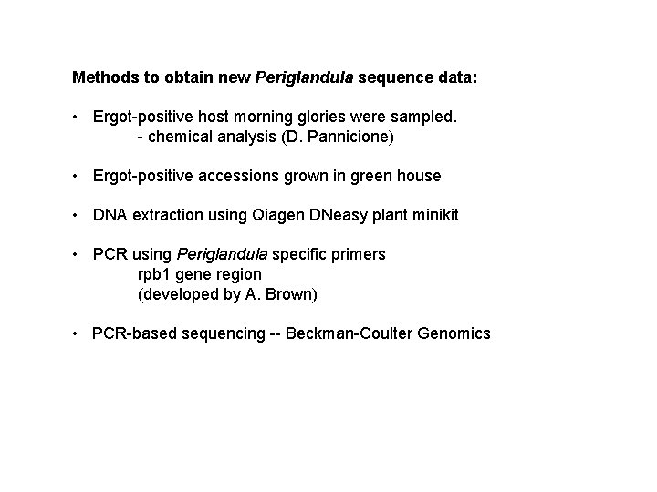 Methods to obtain new Periglandula sequence data: • Ergot-positive host morning glories were sampled.