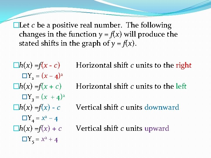 �Let c be a positive real number. The following changes in the function y