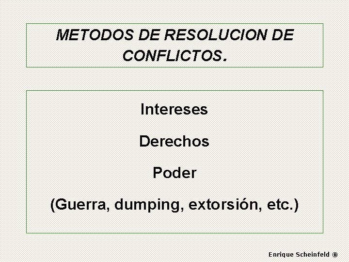 METODOS DE RESOLUCION DE CONFLICTOS. Intereses Derechos Poder (Guerra, dumping, extorsión, etc. ) Enrique