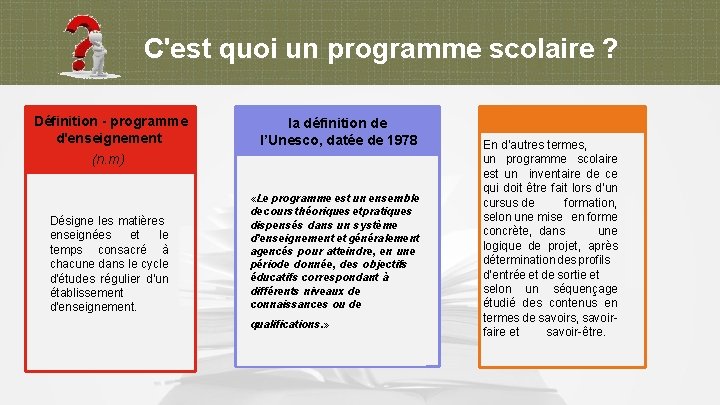 C'est quoi un programme scolaire ? Définition - programme d'enseignement (n. m) Désigne les