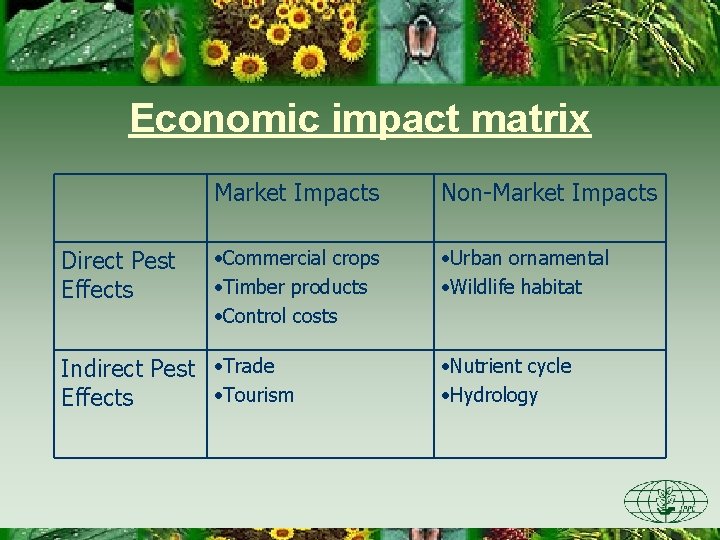 Economic impact matrix Direct Pest Effects Market Impacts Non-Market Impacts • Commercial crops •
