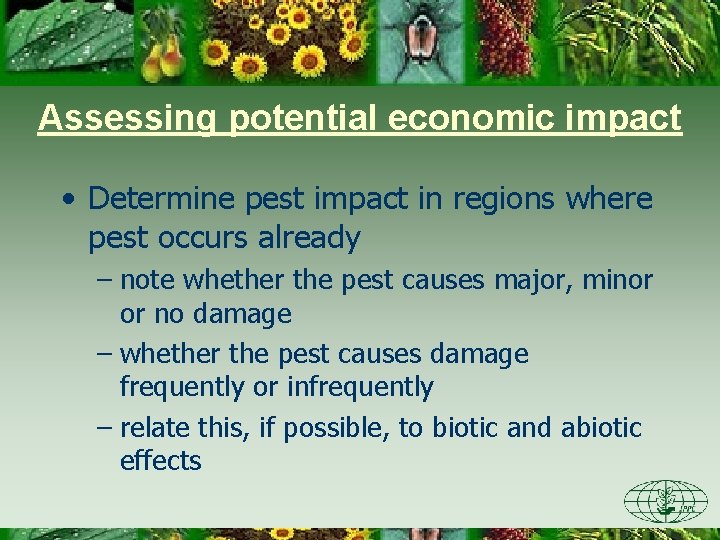 Assessing potential economic impact • Determine pest impact in regions where pest occurs already