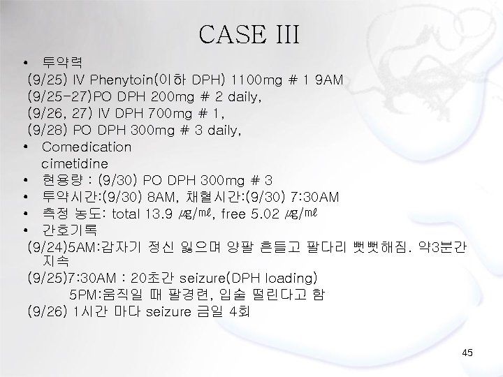 CASE III • 투약력 (9/25) IV Phenytoin(이하 DPH) 1100 mg # 1 9 AM