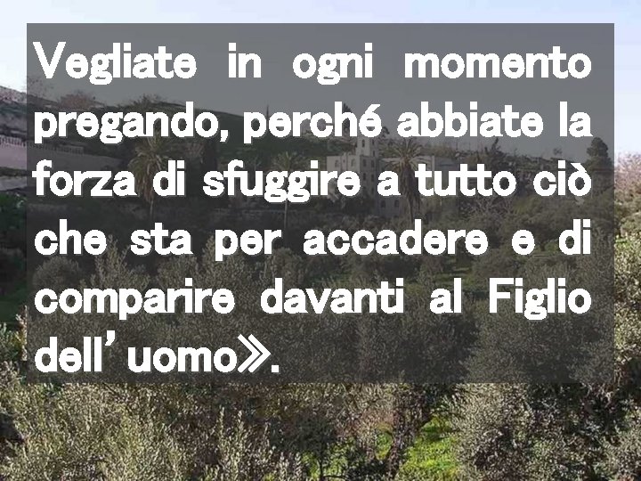 Vegliate in ogni momento pregando, perché abbiate la forza di sfuggire a tutto ciò