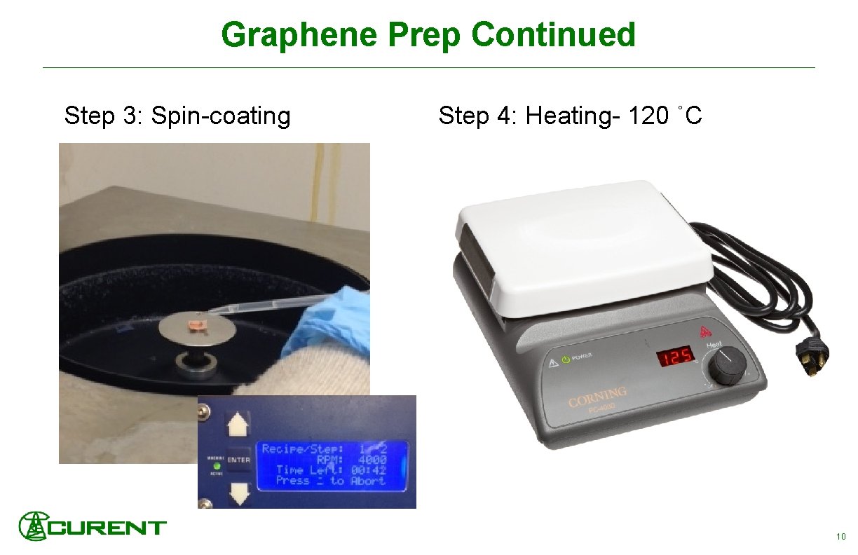 Graphene Prep Continued Step 3: Spin-coating Step 4: Heating- 120 ˚C 10 