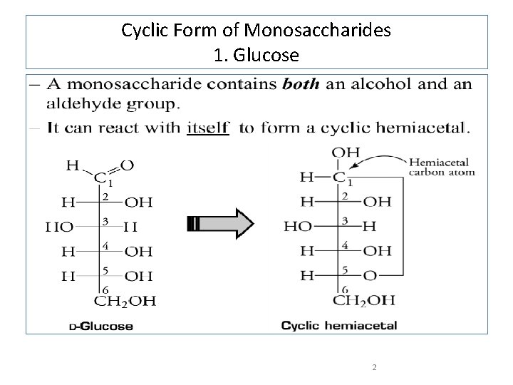 Cyclic Form of Monosaccharides 1. Glucose 2 