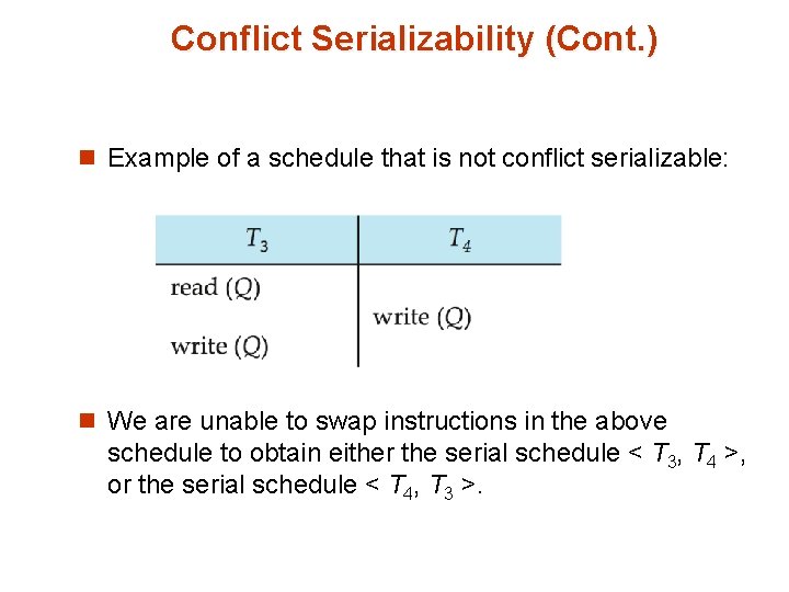 Conflict Serializability (Cont. ) n Example of a schedule that is not conflict serializable: